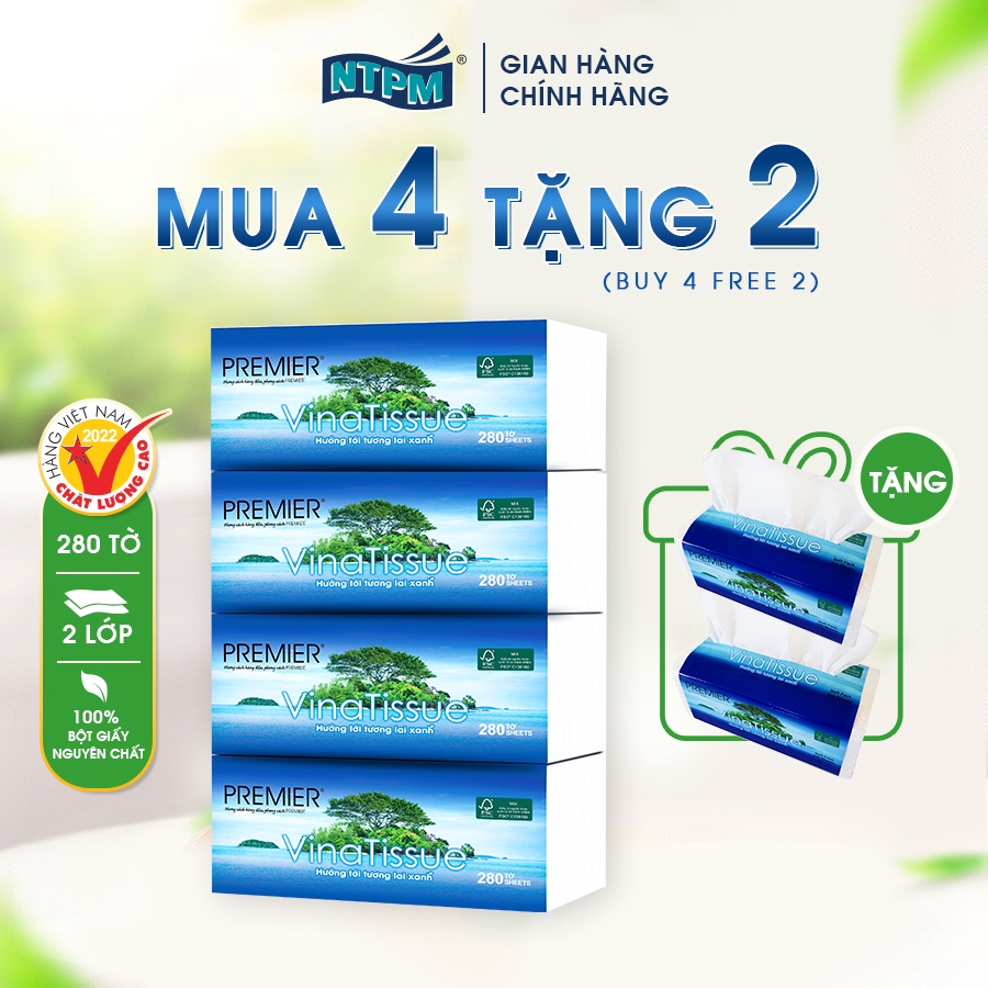 Khăn giấy lụa Premier Vinatissue 280 tờ - Mua 4 gói tặng 2 gói