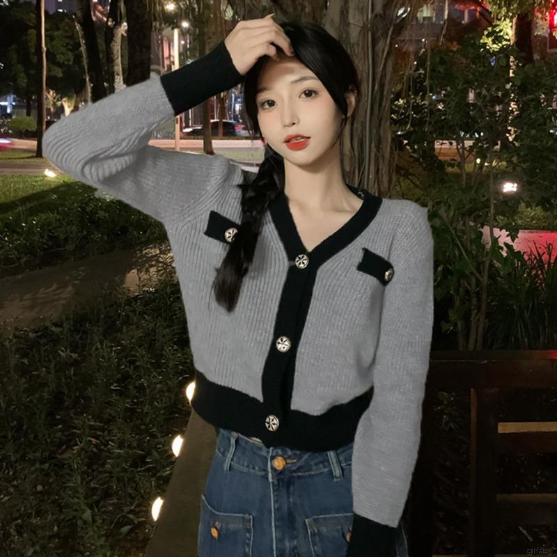 Áo khoác cardigan tay dài cổ chữ V thoáng khí phong cách thời trang retro Hàn Quốc cho nữ