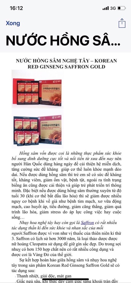 Nước Hồng Sâm Nhụy Hoa Nghệ Tây Korean Red Ginseng Saffron Gold hộp 30 gói x 70ml