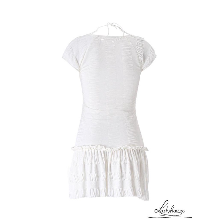 Ldd-đầm Tay Ngắn Dây Rút Màu Trắng Thời Trang Mùa Hè Dành Cho Nữ