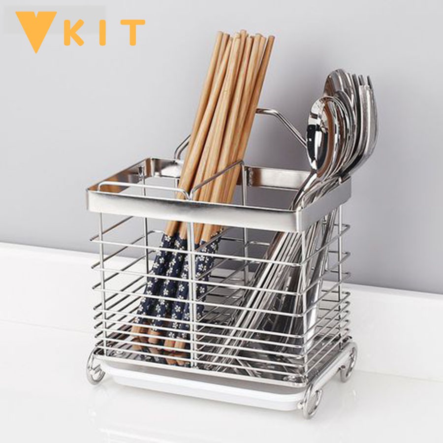 Giỏ Ống Kệ đựng đũa thìa muỗng inox dán tường có khay hứng nước - Tặng kèm miếng dán Vkit D01