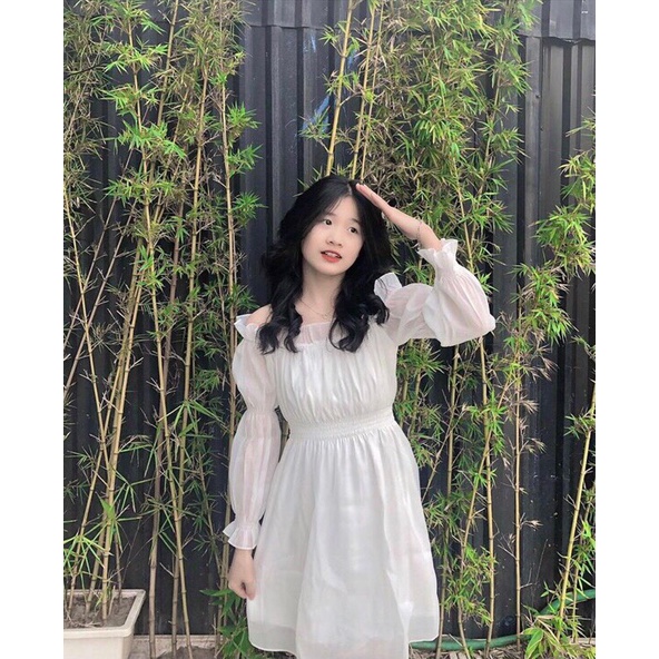 Váy Babydoll Trễ Vai Nữ MEESTORE - Đầm Mini Voan Trắng Dài Tay Phong Cách Vintage Siêu Xinh