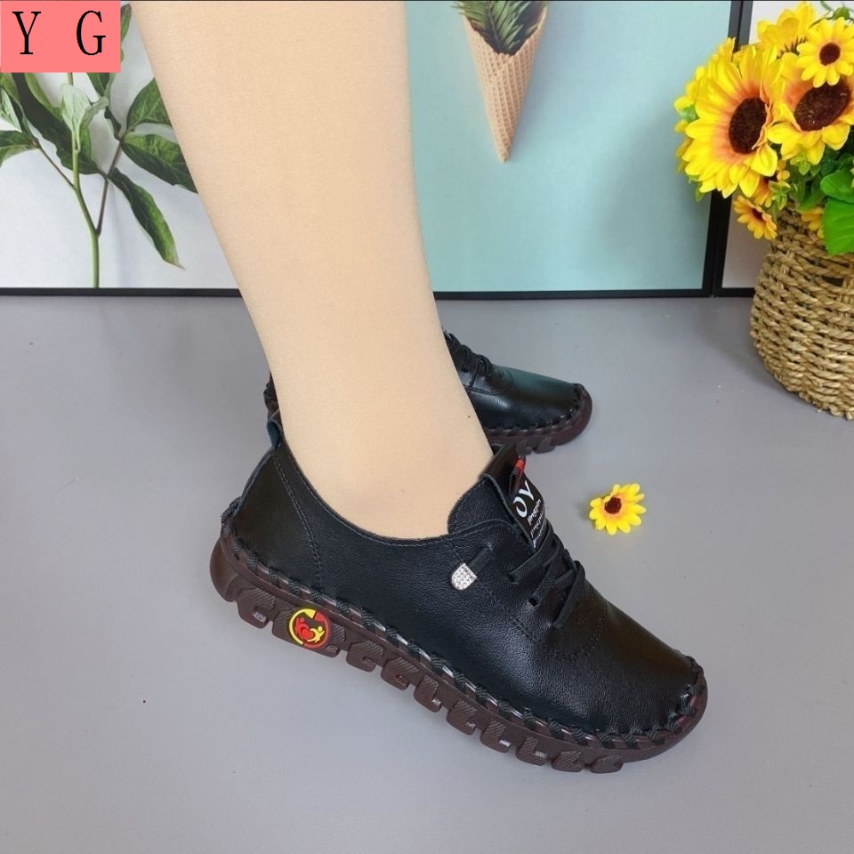 Giày Da Thật Đế Mềm Buộc Dây Bản Rộng Thoải Mái Cho Nữ Trung Niên