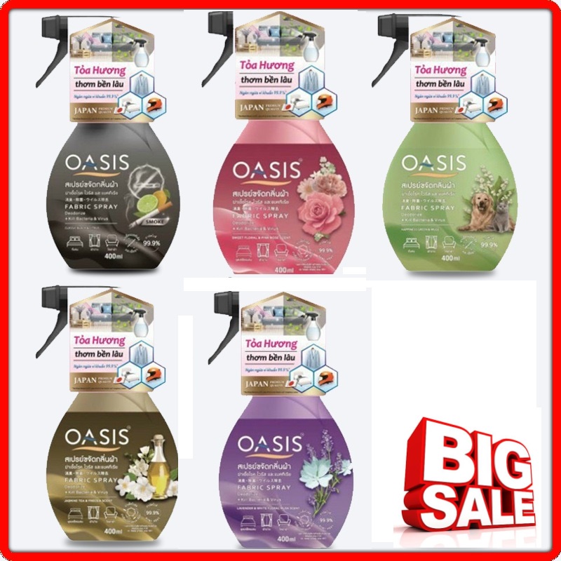 Chai xịt Diệt khuẩn khử mùi OASIS 400ml - quần áo/ tủ đồ/giày dép/nón bảo hiểm/ thú cưng/mùi thuốc lá