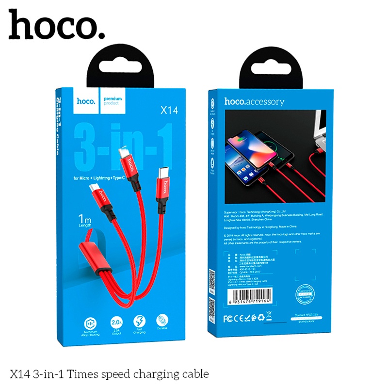 Dây Cáp Sạc 3 Đầu Hoco X14 Cho iP, Samsung, Xiaomi, Oppo - Cáp Sạc 3 Đầu iP, Micro-USB, Type-C