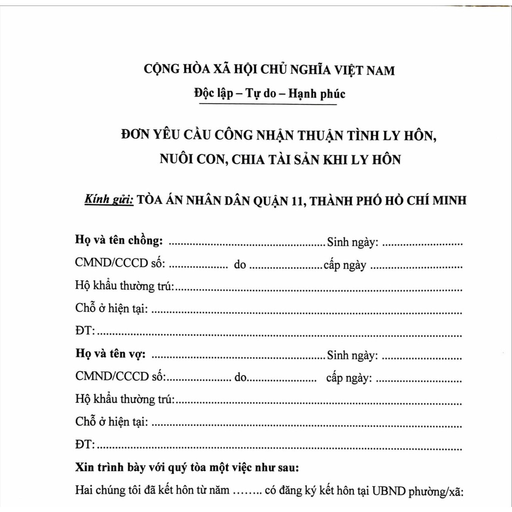 Mẫu đơn ly hôn Quận 11, Thành phố Hồ Chí Minh