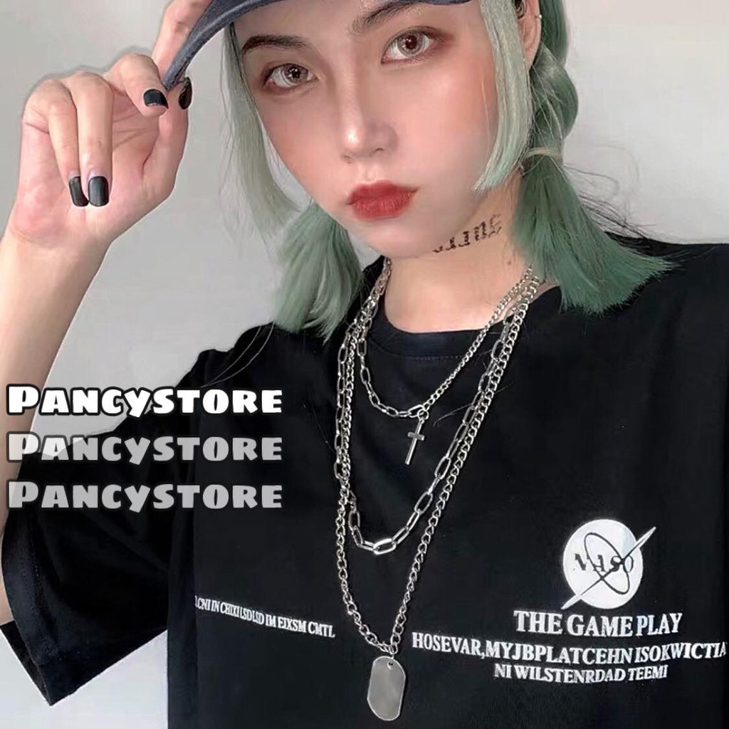 set 3 lớp dây chuyền vòng cổ thánh giá dây xích unisex