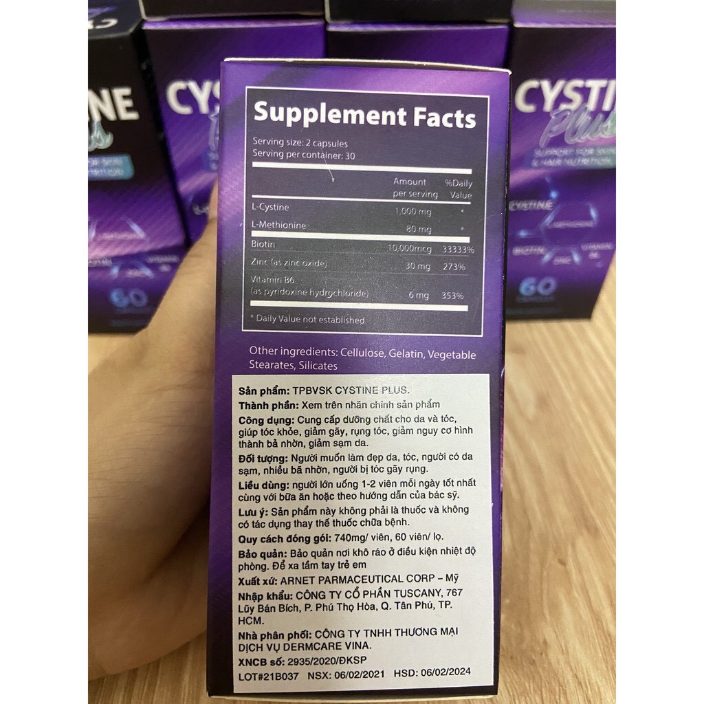 VIÊN UỐNG GIẢM MỤN, NGĂN RỤNG TÓC VÀ GIẢM SẮC TỐ CYSTINE PLUS SUPPLEMENT FACTS 60v