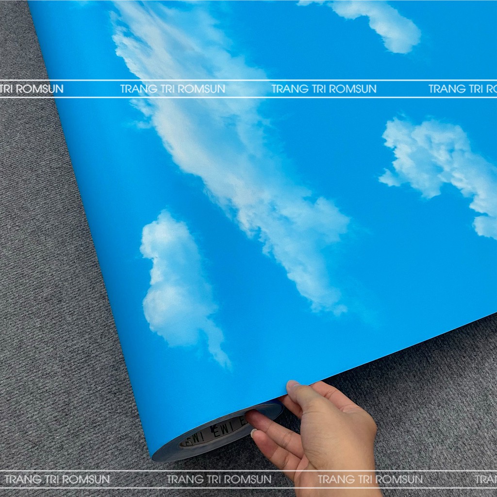 Giấy dán tường phòng khách 3D mây trời xanh khổ 1m2, Decal trang trí phòng ngủ màu trắng