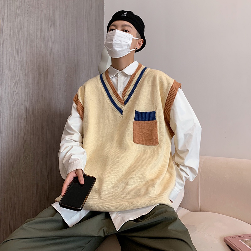 Áo khoác len không tay cổ chữ V màu sắc thời trang dành cho nam unisex áo len nam hàn quốc unisex áo len nam hàn quốc