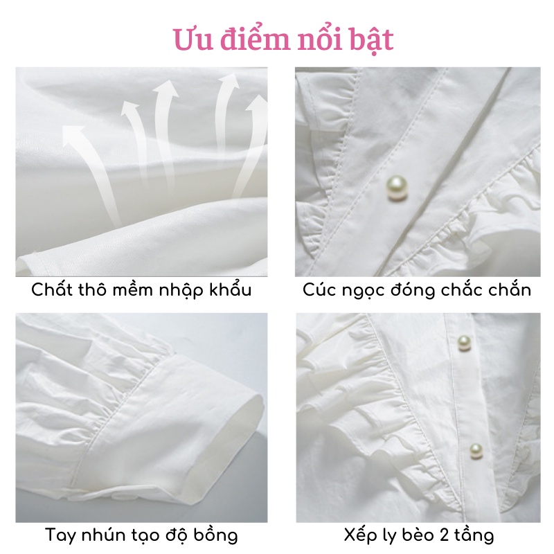 Áo sơ mi trắng nữ cổ bèo 2 tầng kiểu tay bồng tiểu thư form rộng vải thô mềm nút ngọc đi chơi đi làm trẻ trung ASM05