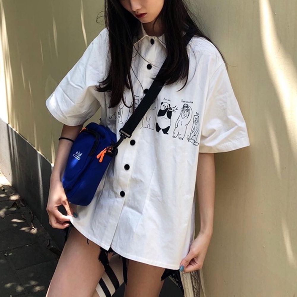 Áo sơ mi IELGY tay ngắn dáng rộng in họa tiết hoạt hình phong cách Hàn Quốc thời trang cho nữ