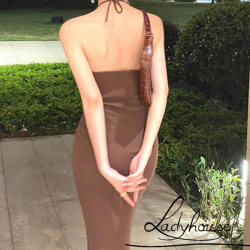 LDD-Women´s Summer Midi Skinny Dress Solid Color Sleeveless Hanging Neck Bodycon Dress