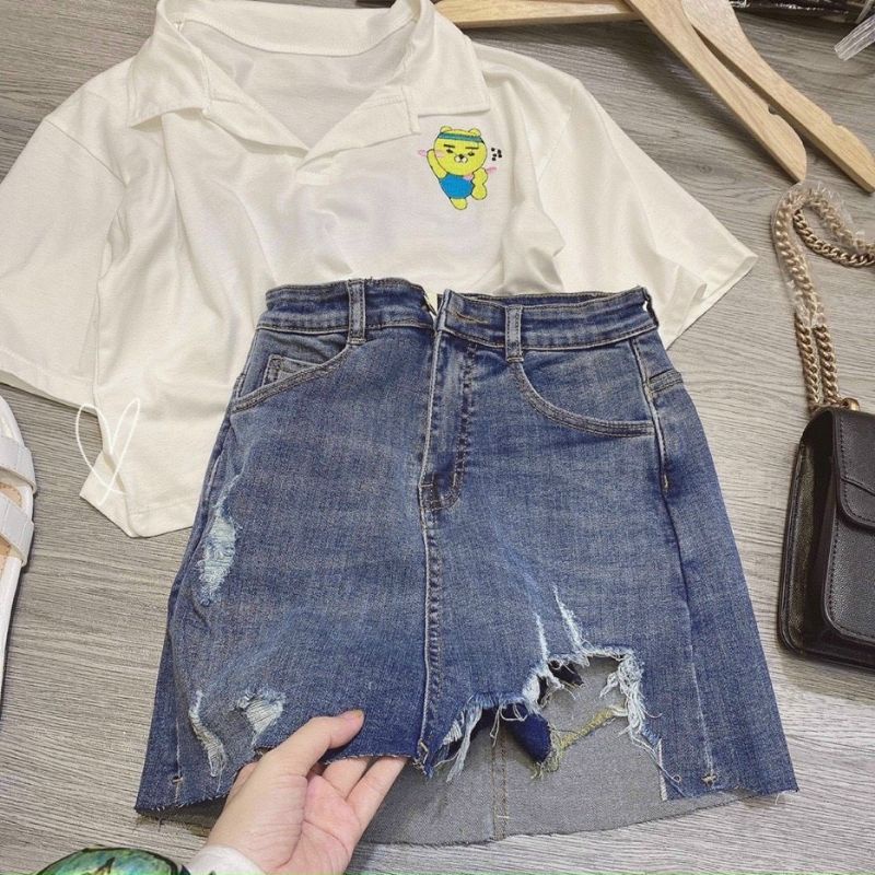 Chân Váy Jeans Lưng Cao Co Giản