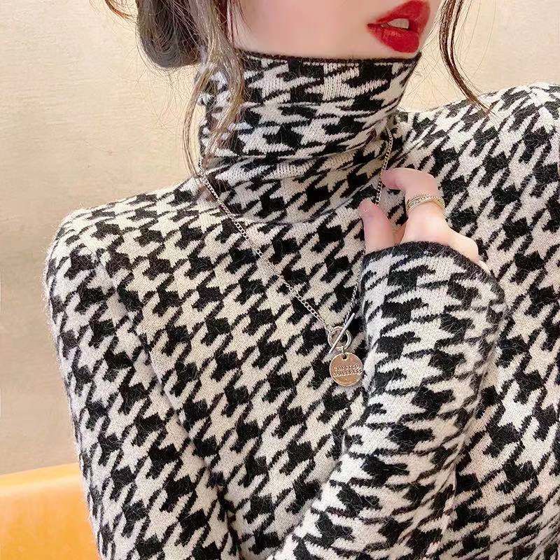 Áo len RENJIANVSHENG cổ cao họa tiết Houndstooth thời trang dành cho nữ