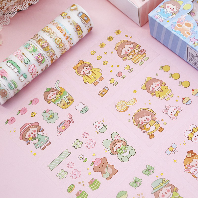 Set quà tặng 9 tấm sticker và 5 cuộn Băng dính hình ngộ nghĩ dễ thương dùng trang trí Nhật ký, sổ tay CC1