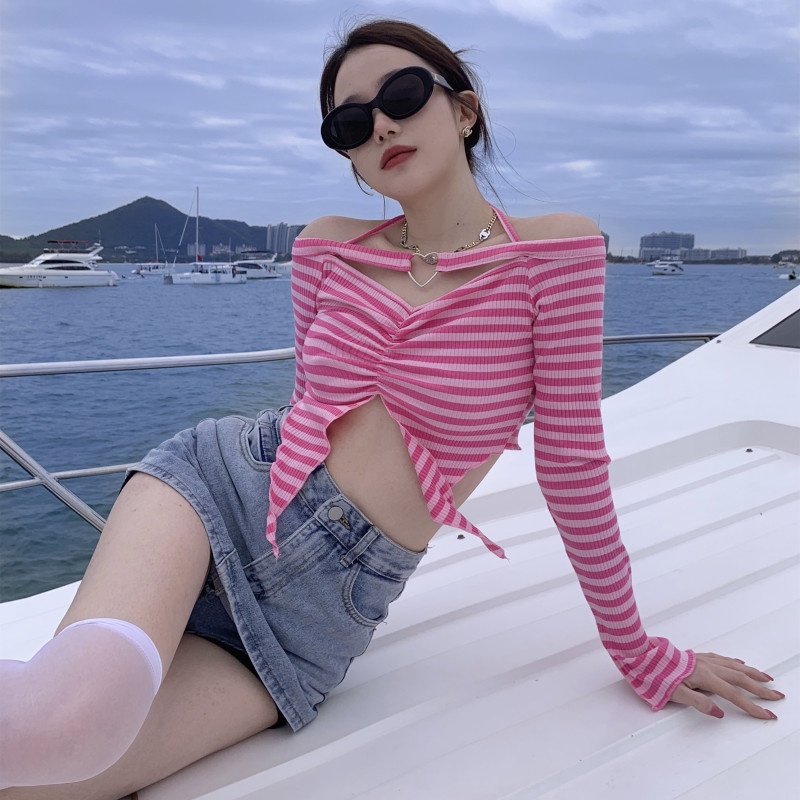 Áo Thun Tay Dài Cổ Yếm Họa Tiết Kẻ Sọc Thời Trang Quyến Rũ Cho Nữ