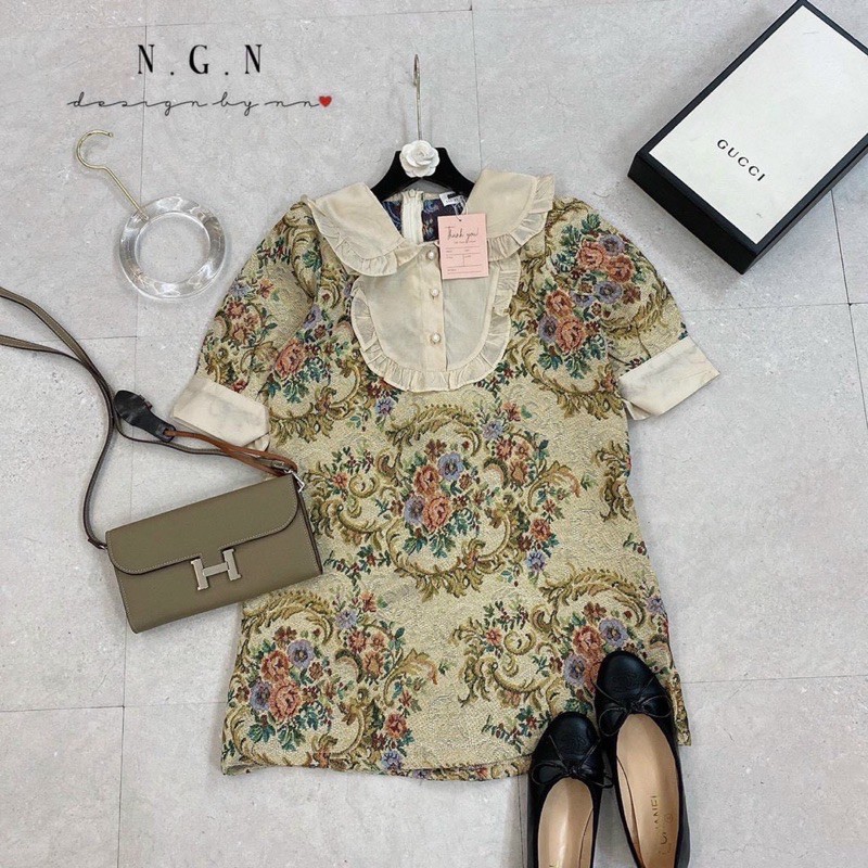 ĐẦM HOA BỐ CỔ ĐÔI TAY BO