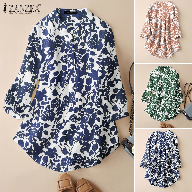 ZANZEA Áo Kiểu Nữ Cổ Tròn Tay 3 / 4 In Họa Tiết Thời Trang