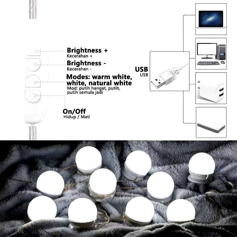 Bộ Dây Đèn Led Tròn Gắn Gương Trang Điểm Tiện Lợi, Siêu Sáng, Không Cần Khoan Đục, 3 Chế Độ Đèn, Trang Điểm Dễ Dàng