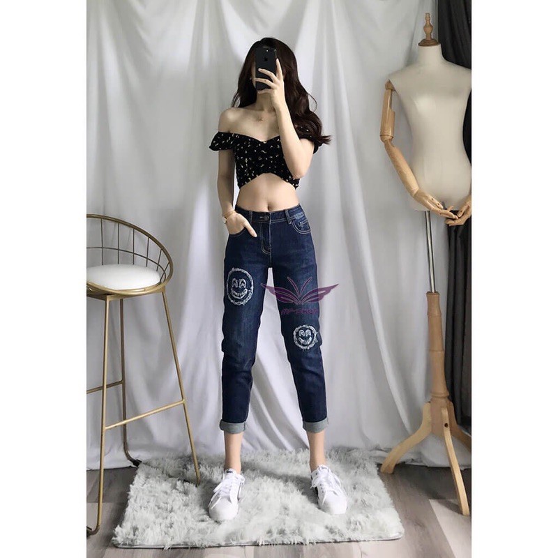 Quần baggy jean nữ co giãn lưng thấp hoạ tiết mặt cười/xanh đậm, xanh đen