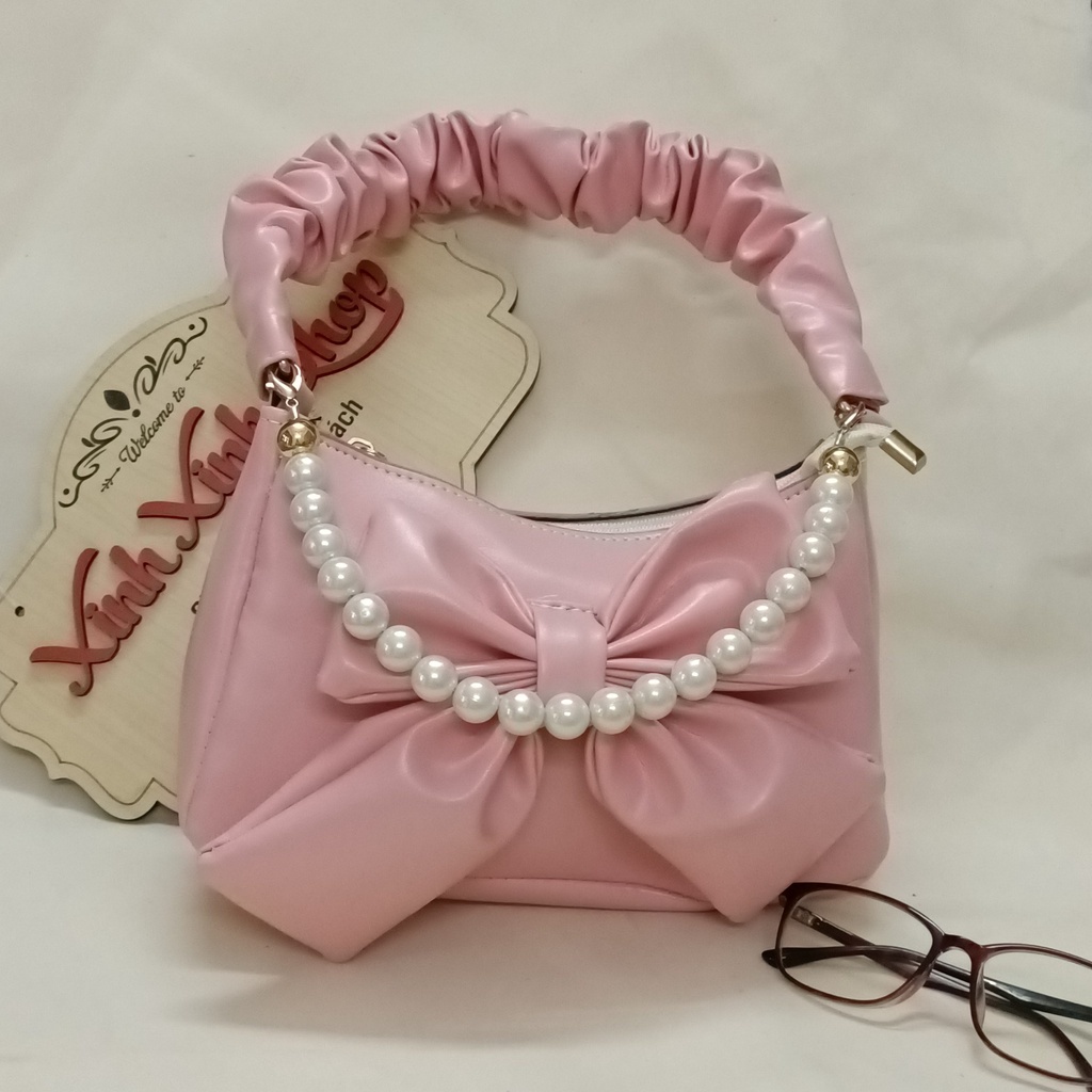 Túi Đeo Vai Kẹp Nách Quai Rúm Hình Nơ Kèm Chuỗi Hạt Siêu Xinh, Túi Xách Nữ Phong Cách Thời Trang Hàn Quốc M48