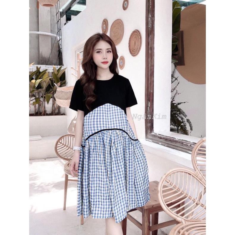 [XẢ KHO] Váy bầu cao cấp chất cotton kết hợp kẻ pha lanh siêu đẹp💕mặc Ko ưng shop hoàn tiền ạ💕free size 43~70kg 👗 * ྇