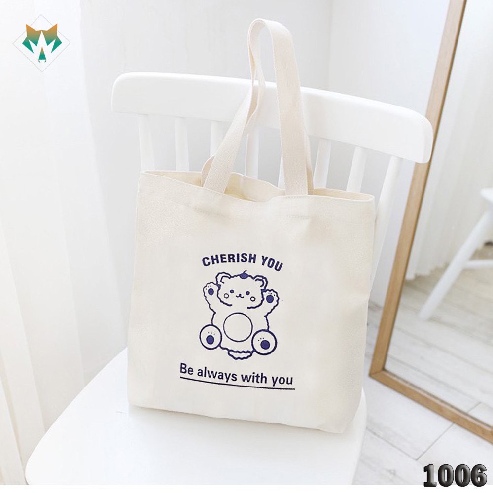 Túi Đeo Vai Tote Trắng Vải Canvas 1006 460 Gấu Cherish You Thời Trang Mùa Hè Siêu Hot