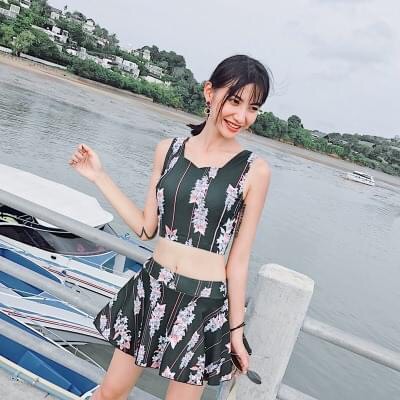 Bộ bơi đồ bơi áo tắm đi biển kín đáo che bụng hoa lá chống nắng phong cách hàn quốc