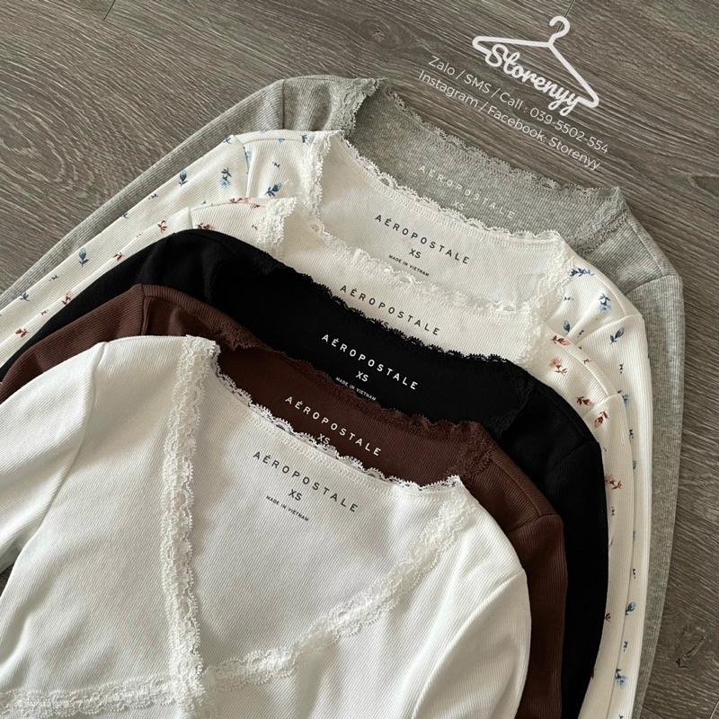 Áo Thun Ôm Croptop Tay Dài Cổ V Phối Ren AE • Storenyy