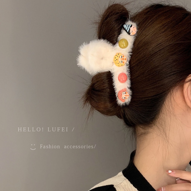 Kẹp tóc hình cá mập phối lông cỡ lớn phong cách Hàn Quốc cho nữ