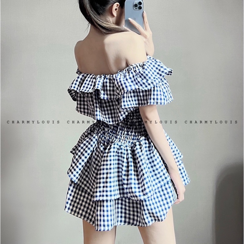 Đầm Tầng Bẹt Vai Caro Xanh