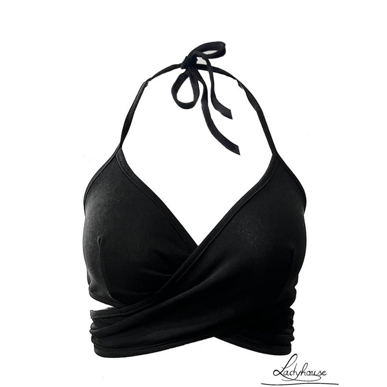 LD-Women´s Halter Crop Tops, Sleeveless Deep V Neck Solid Color Tie Knot Back Wrap Cami Tops