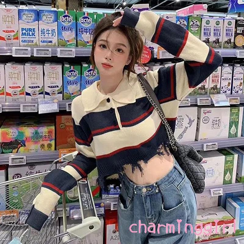 Áo Croptop Dệt Kim Tay Dài Cổ Tròn Màu Sắc Tương Phản Thời Trang Cho Nữ