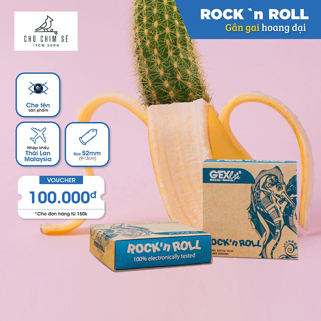 Bao cao su GEXlife RocknRoll gân gai, hạt nổi, kéo dài thời gian hộp 3 cái - Chú Chim Sẽ
