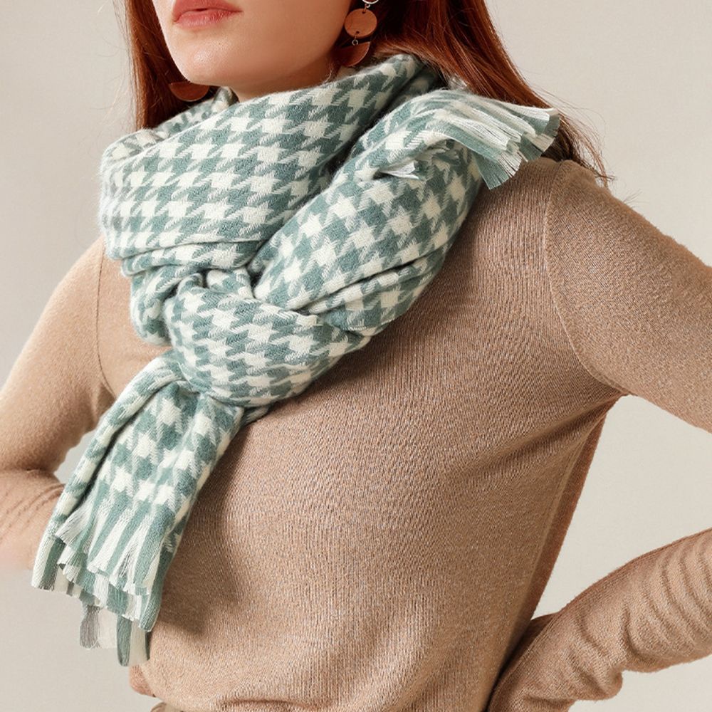 Khăn choàng cổ vải len cashmere in họa tiết răng sói kiểu Hàn Quốc retro thanh lịch cho nữ