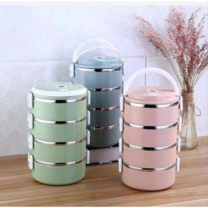 Hộp đựng cơm giữ nhiệt 4 tầng, cặp lồng đựng cơm lúa mạch giữ nhiệt đồ ăn, ruột Inox