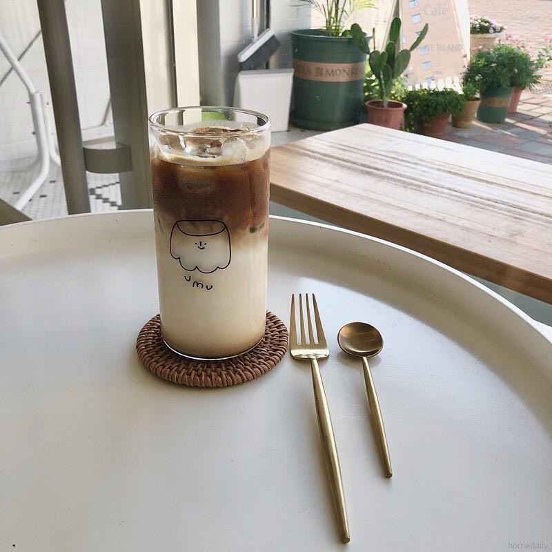 🌼🌼Cốc thủy tinh dáng cao họa tiết hoạt hình kawaii "umu" siêu đáng yêu kèm ống hút