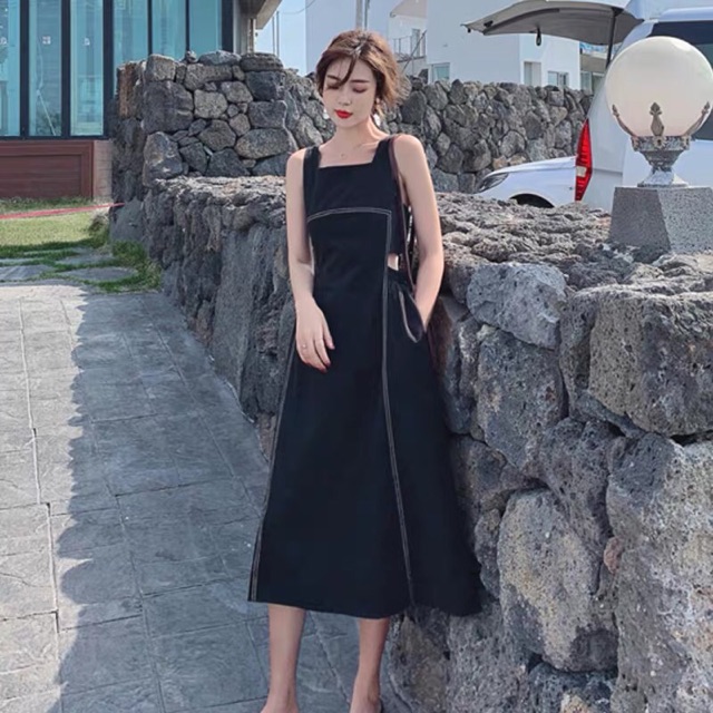 Váy 2 dây bản to hở eo dáng xoè viền chỉ có túi ulzzang năng động diện hè đi chơi đi dạo