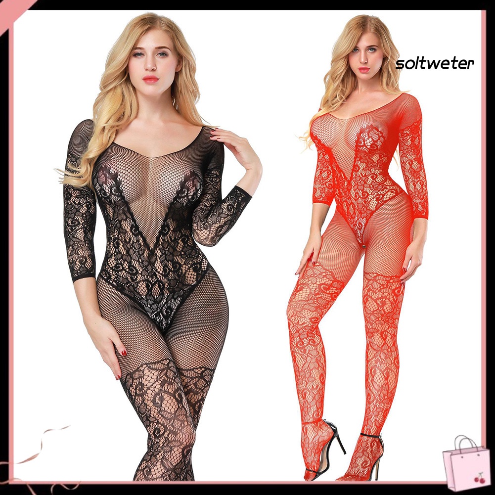 Bộ Đồ Lót Lưới Liền Thân Xuyên Thấu Thêu Họa Tiết Gợi Cảm Cho Nữ