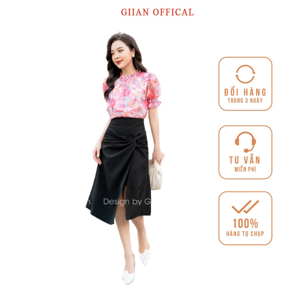Áo sơ mi voan hoa tay bồng nhẹ, mát kèm chân váy chữ A xoắn eo xẻ tà công sở đứng thiết kế chính hãng GIIAN -S390