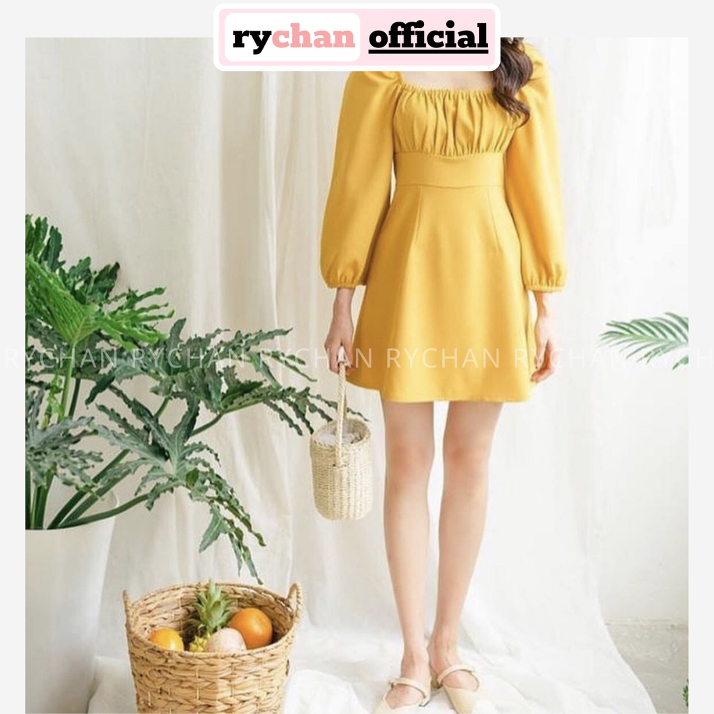 DX891 - Đầm Xòe Cổ Vuông Nhún Ngực Đầm Vàng Đi Chơi Đầm Đi Chơi Trẻ Trung