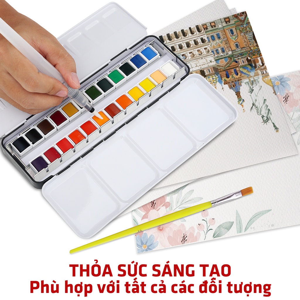 Màu Nước 24M Hộp Sắt DUGATO Sang Trọng, Tặng Bút Nước + Giấy Vẽ + 3 Cọ Vẽ