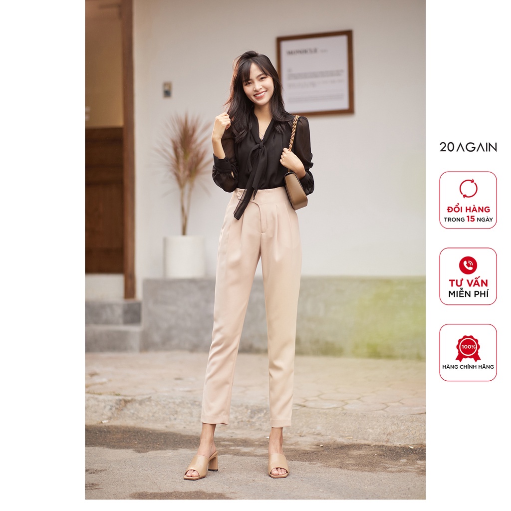 Quần âu nữ ống rộng cúc cài bên hông 20AGAIN, kiểu dáng xếp ly thanh lịch, hiện đại QAA2205