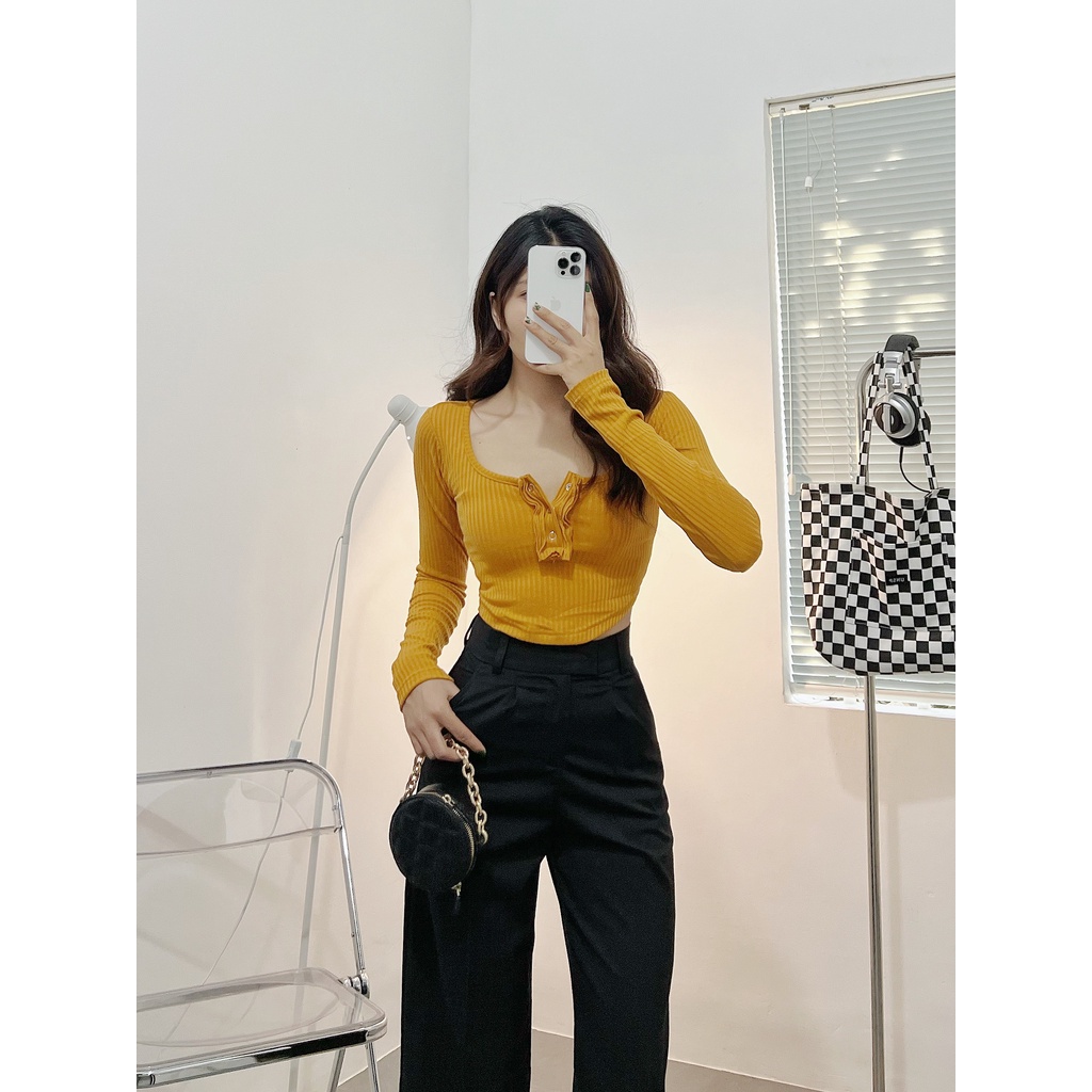 Áo croptop nữ tay dài HHVINTAGE kiểu tà bầu bấm nút thun co giãn Top A39