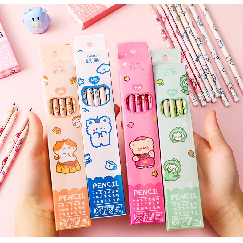 Set 10 cây bút chì HB họa tiết hoạt hình siêu cute đáng yêu cho bé đi học