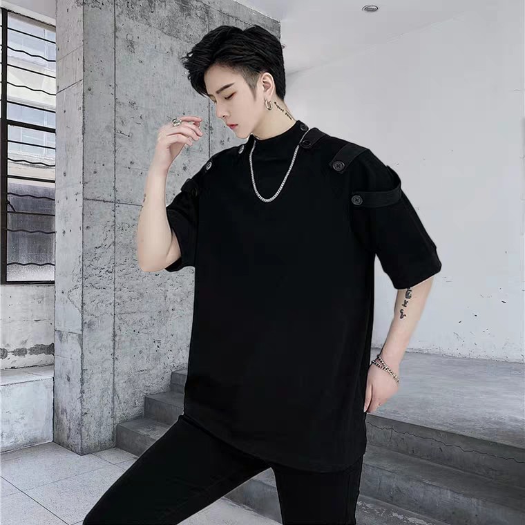 Áo thun unisex form rộng phối nút cực chất - Áo phông tay lỡ nam nữ cổ tròn phong cách ulzzang Hàn