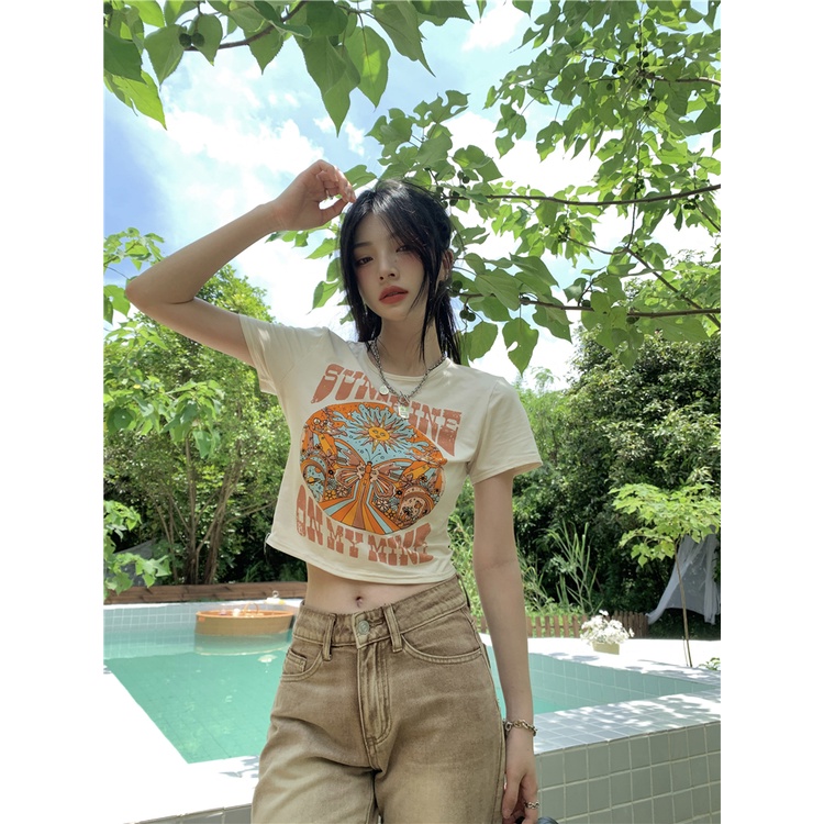 Áo Thun Ngắn Tay In Họa Tiết Phong Cách retro Mỹ Cho Nữ