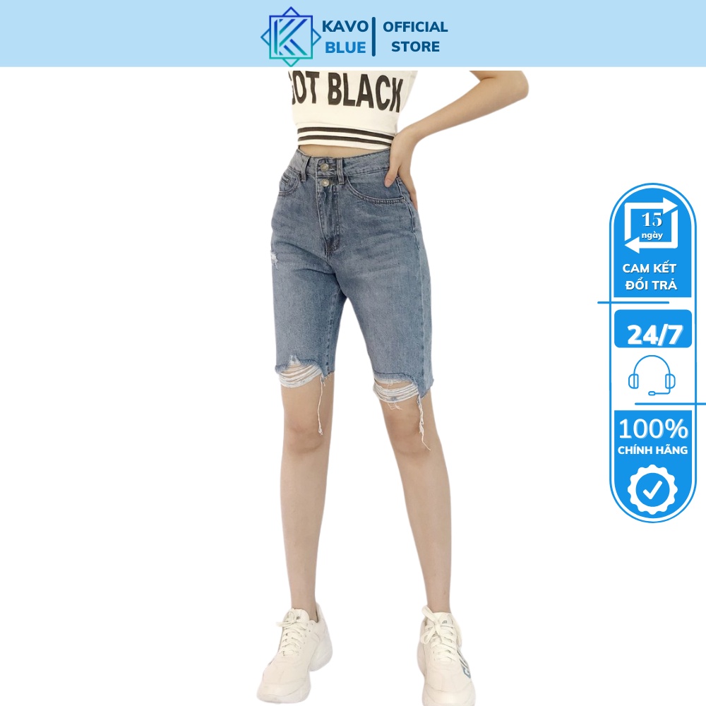 Quần Jean Ngố Body Rách Gối KAVO BLUE Dáng Ôm Màu Xanh Cạp Cao
