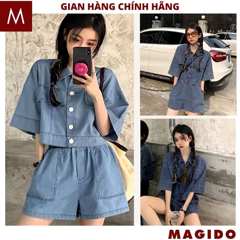 Sét áo bò croptop kèm quần short cạp chun- sơ mi jean ngắn tay lỡ 2 màu xanh đậm nhạt phong cách ulzzang hàn quốc MAGIDO